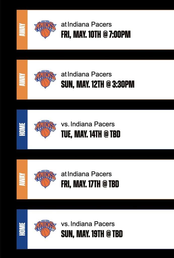 Knicks schedule vs Pacers in May 2024