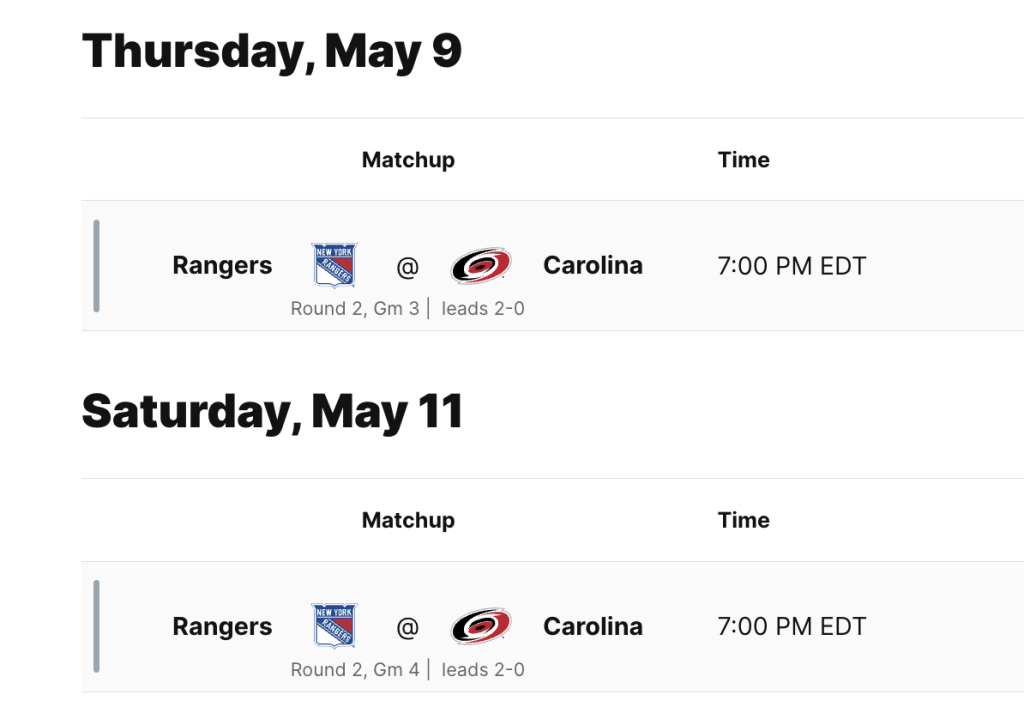 Rangers vs Carolina schedule in May 2024