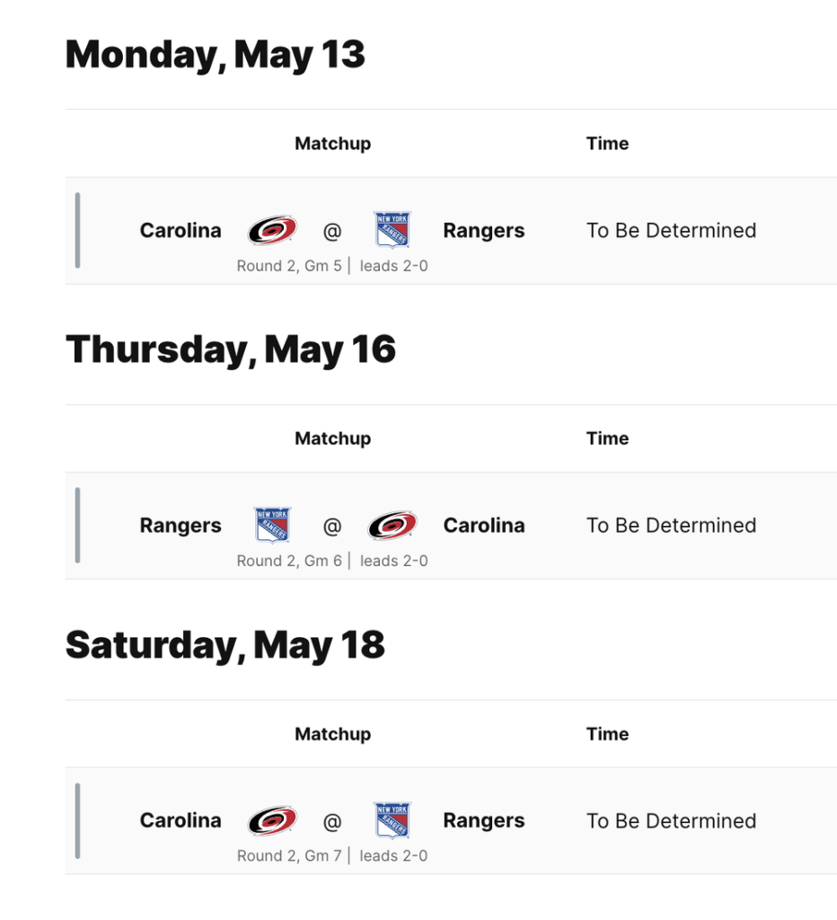 Rangers vs Carolina schedule in May 2024.