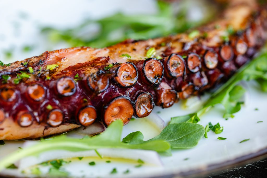 Grilled Octopus served at Babylon South Beach, a top-rated seafood restaurant near me, showcasing Mediterranean flavor and elegant plating