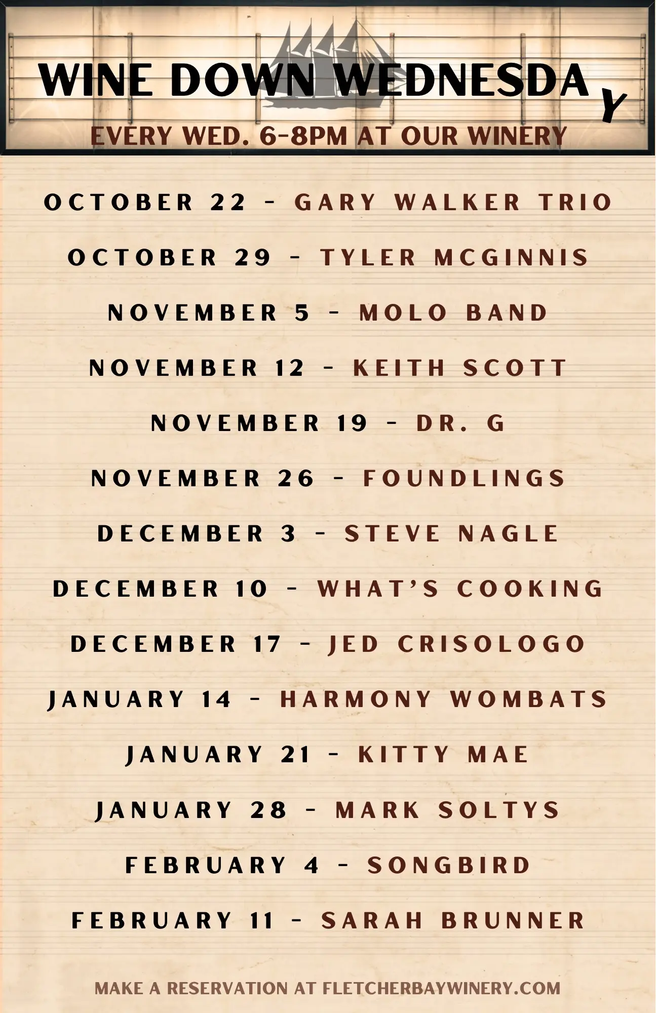 Wine Down Wednesday every Wed. 6-8PM at our winery