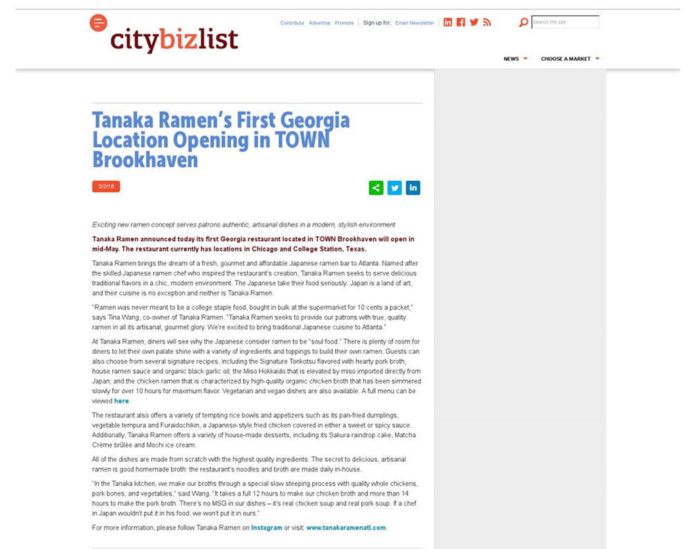Tanaka Ramen's first Georgia location opening in town Brookhaven on Citybizlist