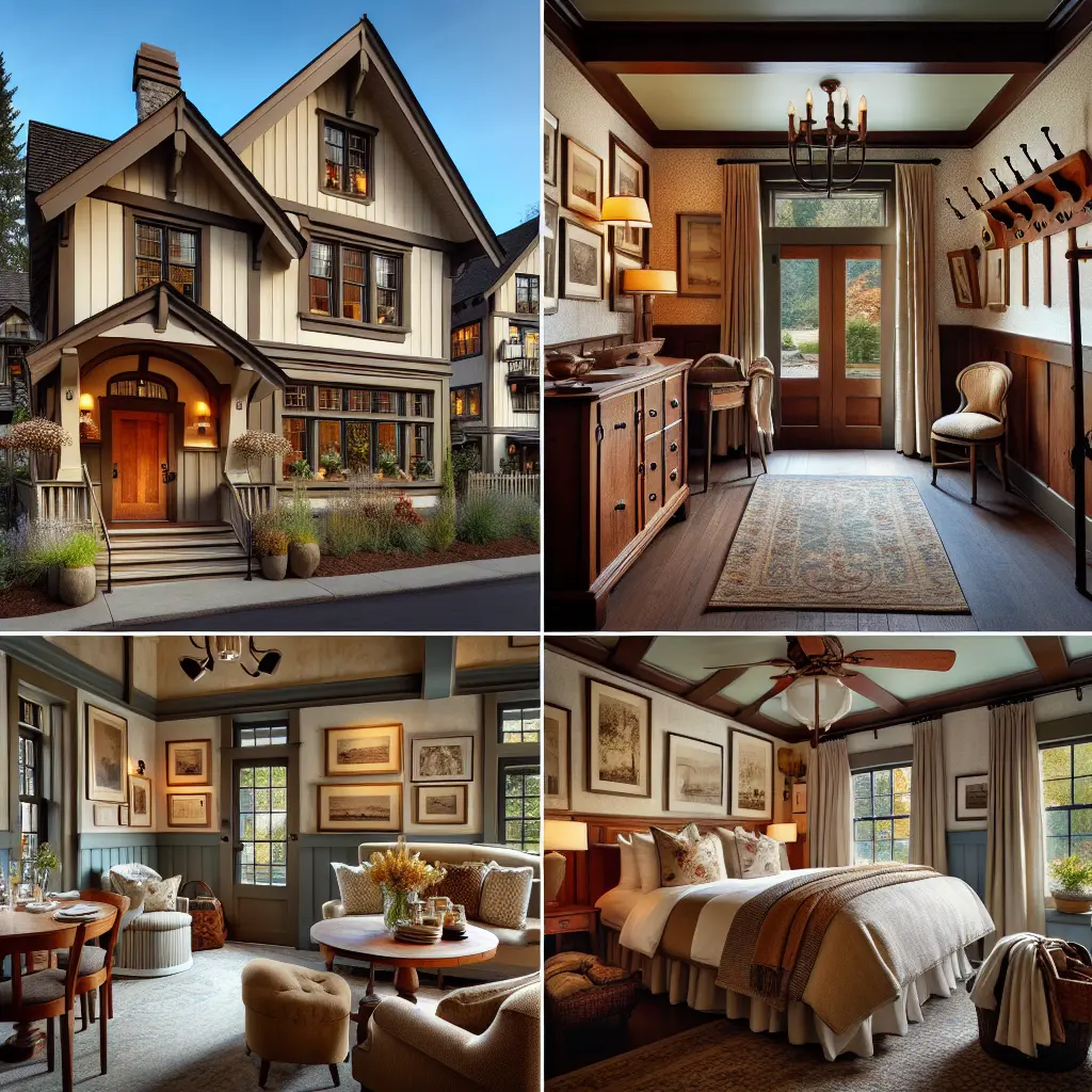 A cozy guestroom interior in a charming bed and breakfast, featuring warm decor and inviting furnishings.