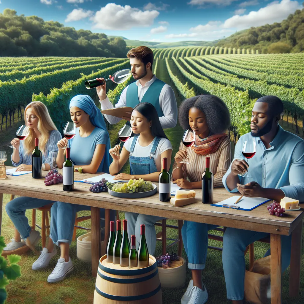 A picturesque vineyard during grape harvest season, with ripe grapes ready to be picked.