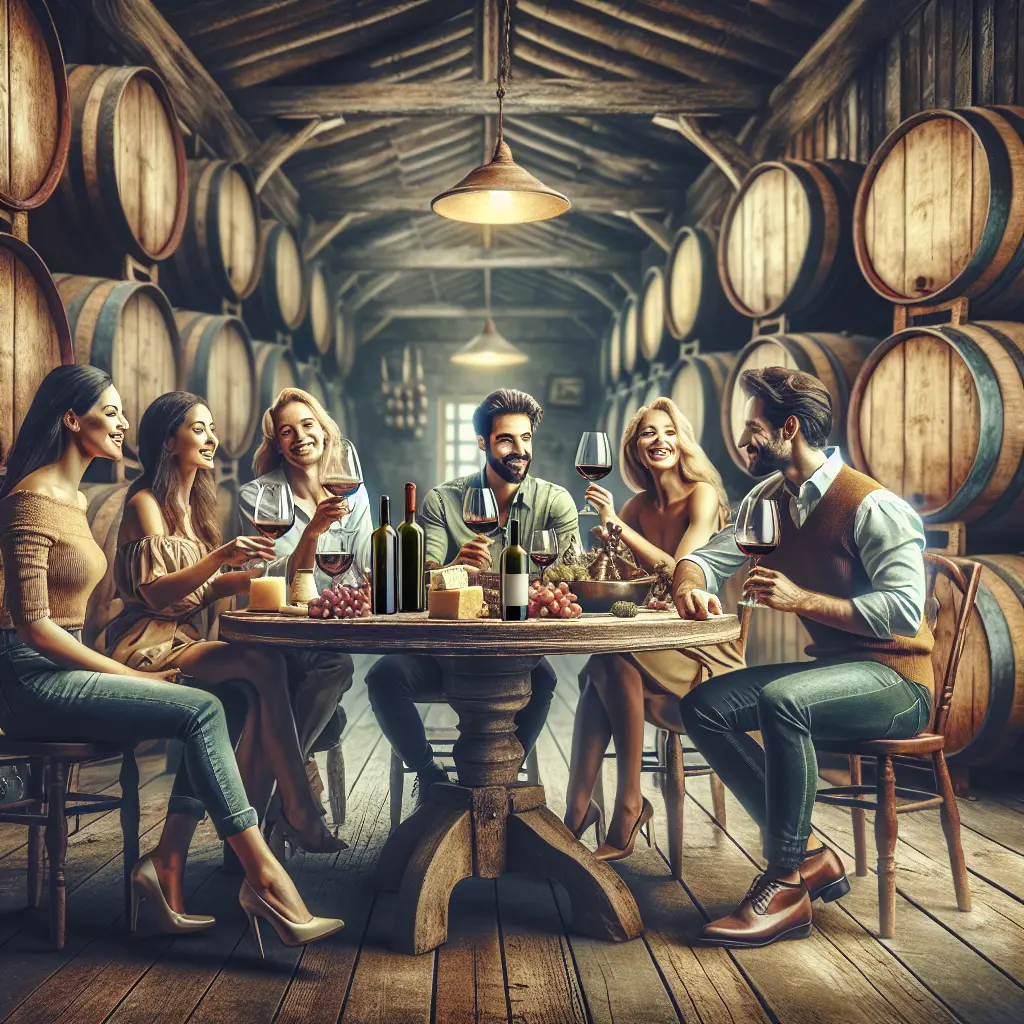 A group of wine enthusiasts listening attentively during a guided winery tour, learning about wine production.