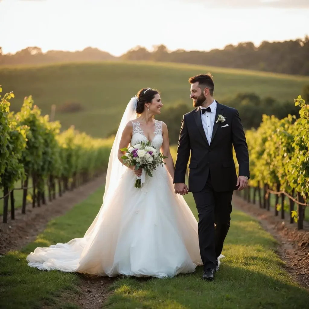 Romantic couple at outdoor wedding venues in Charlotte vineyard