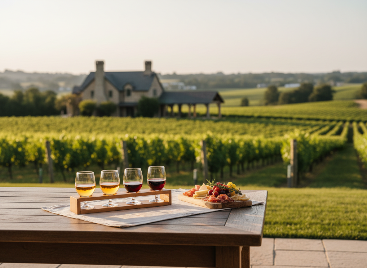 Wineries near Charlotte NC with wine tasting flight and vineyard views at Laurel Haven Estate
