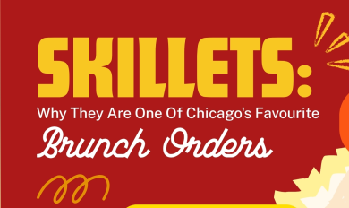 Infographic highlighting why skillets are one of Chicago's favourite brunch orders, featuring two hearty breakfast skillets, toast, coffee, and key reasons they remain a popular choice, including fresh ingredients, customisation, generous portions, and comforting flavours.