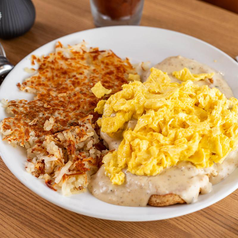 Scrambled eggs and hash browns
