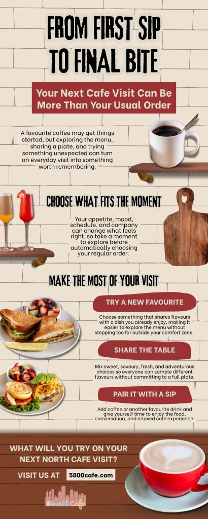 North Cafe infographic titled “From First Sip To Final Bite” showing how guests can enjoy a complete cafe experience through exploring menu choices, trying new favourites, sharing meals, and pairing dishes with drinks. Features brunch dishes, coffee, and cafe-themed visuals.

