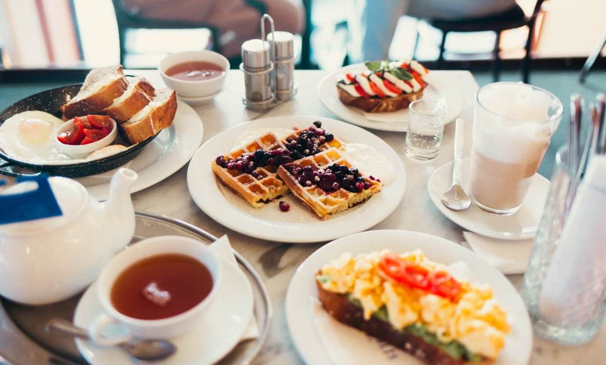 close-up of a brunch spread on a table