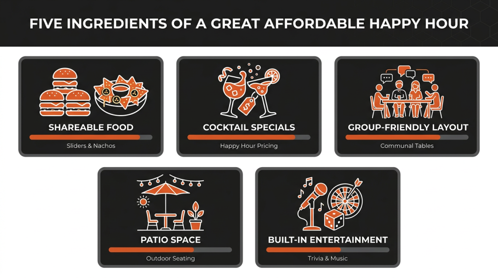 Infographic comparing five key ingredients of an affordable happy hour using five labeled icon cards and subtle horizontal emphasis bars on a dark background with orange accents. Clean, modern layout with short labels for quick scanning and minimal decorative shapes for structure.