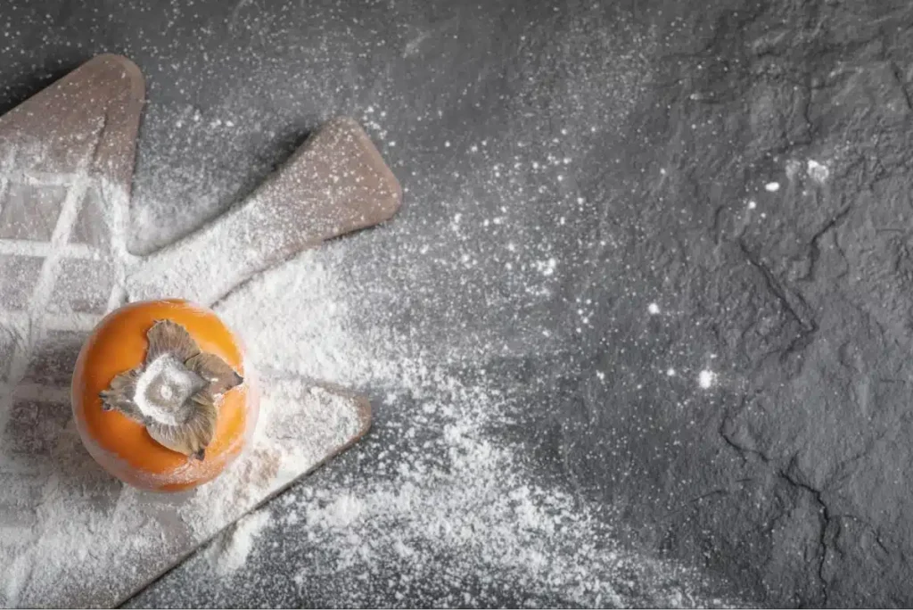 Persimmon on a floured cutting board