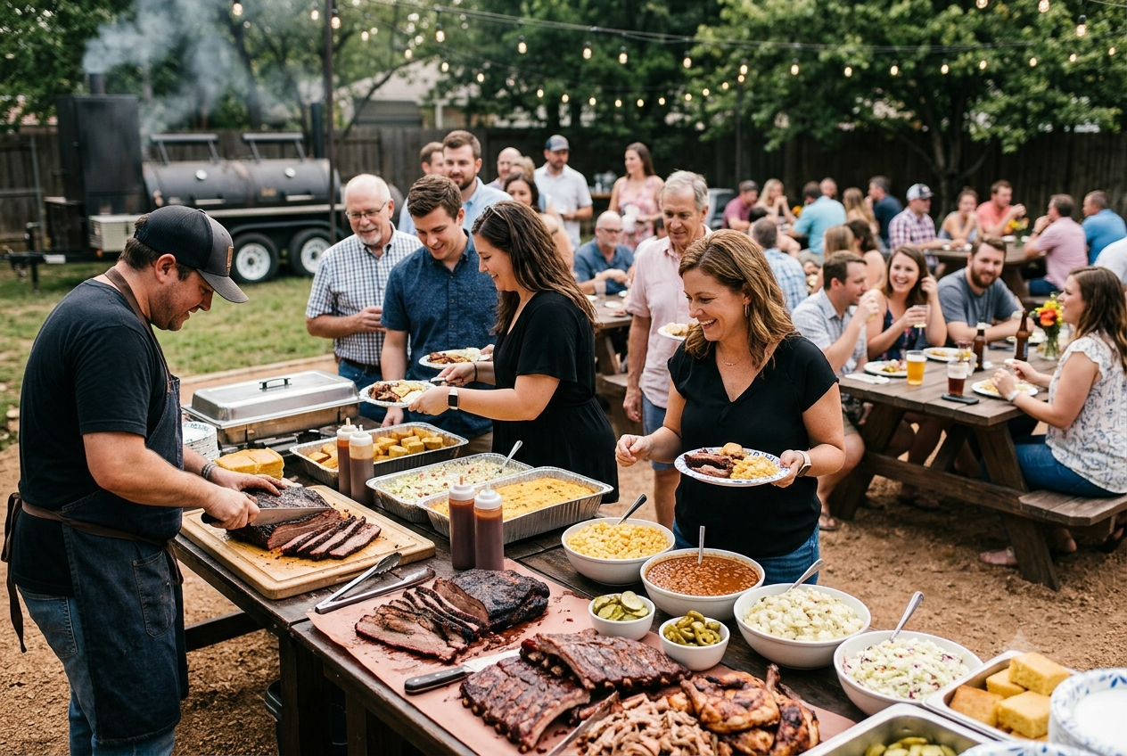 People line up for a Texas-style BBQ buffet at a lively backyard party.