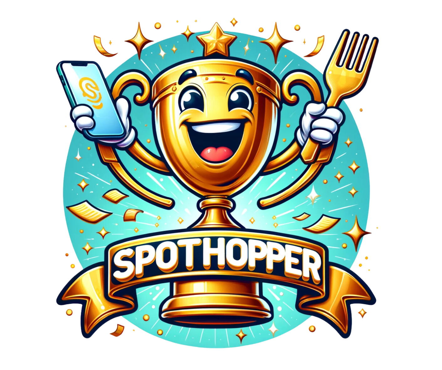 An anthropomorphized trophy man holding a fork and cell phone. He showcases the combination of dining and staying connected in the spirit of SpotHopper.